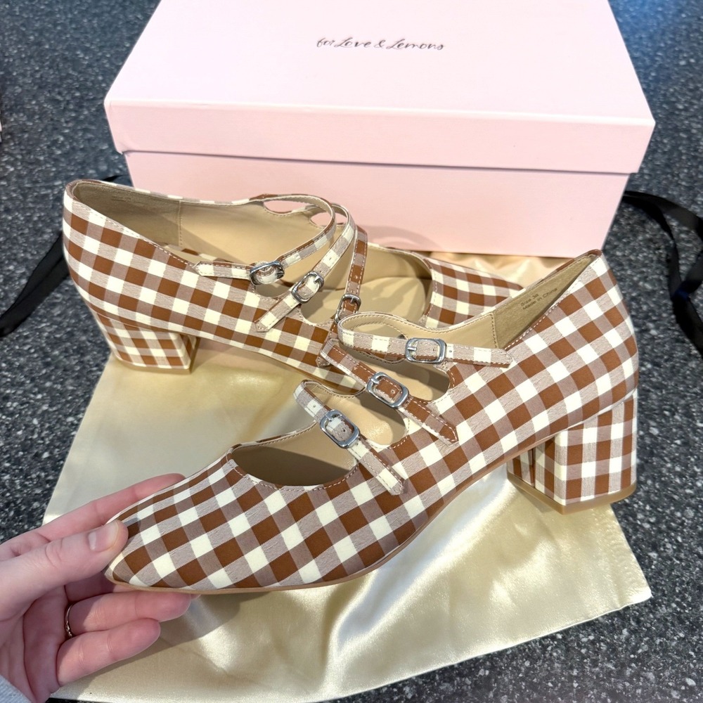New For Love & Lemons Jolie Heels Brown Gingham Strap Mary Jane Size 39 US 9 NIB